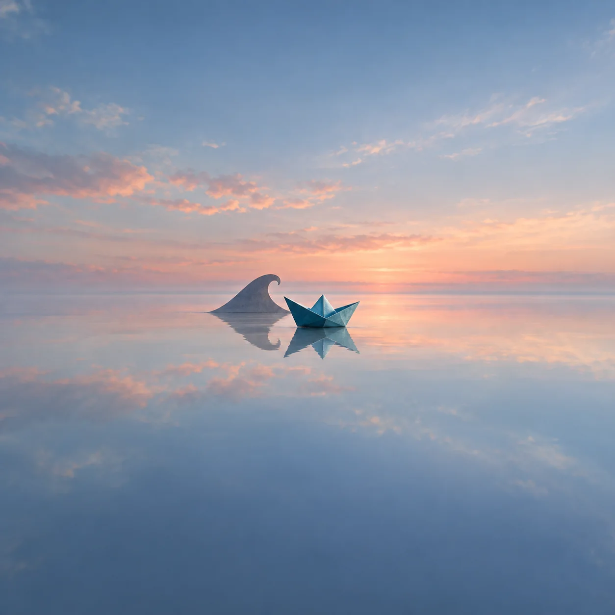 A blue paper boat and a grey wave-shaped cutout rest on reflective water beneath a pink and blue sky.