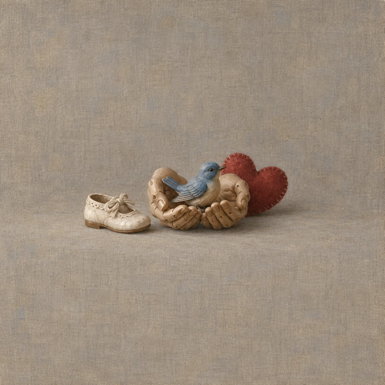 An ivory shoe rests beside cupped wooden hands holding a carved bluebird, with a red felt heart behind them.