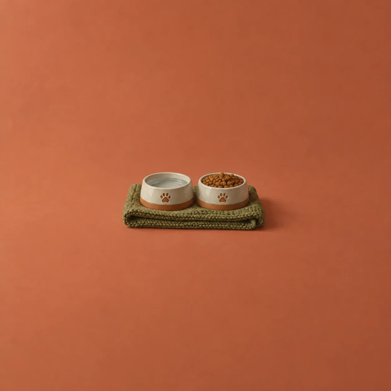 Two ceramic pet bowls, one filled with water and the other with dry food, rest on a folded green knitted blanket.