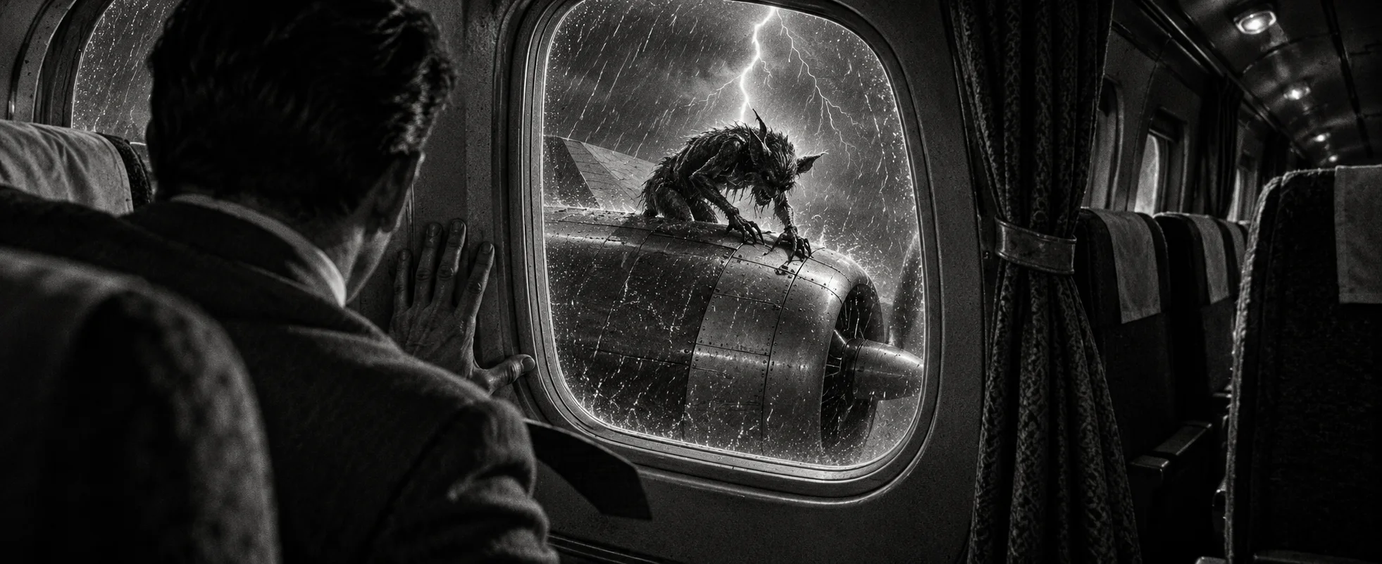 Black-and-white noir illustration seen over a passenger's shoulder in a stormy night airliner: his hand pressed to the oval window as lightning shows a shaggy gremlin crouched on the wing, tearing at the engine.