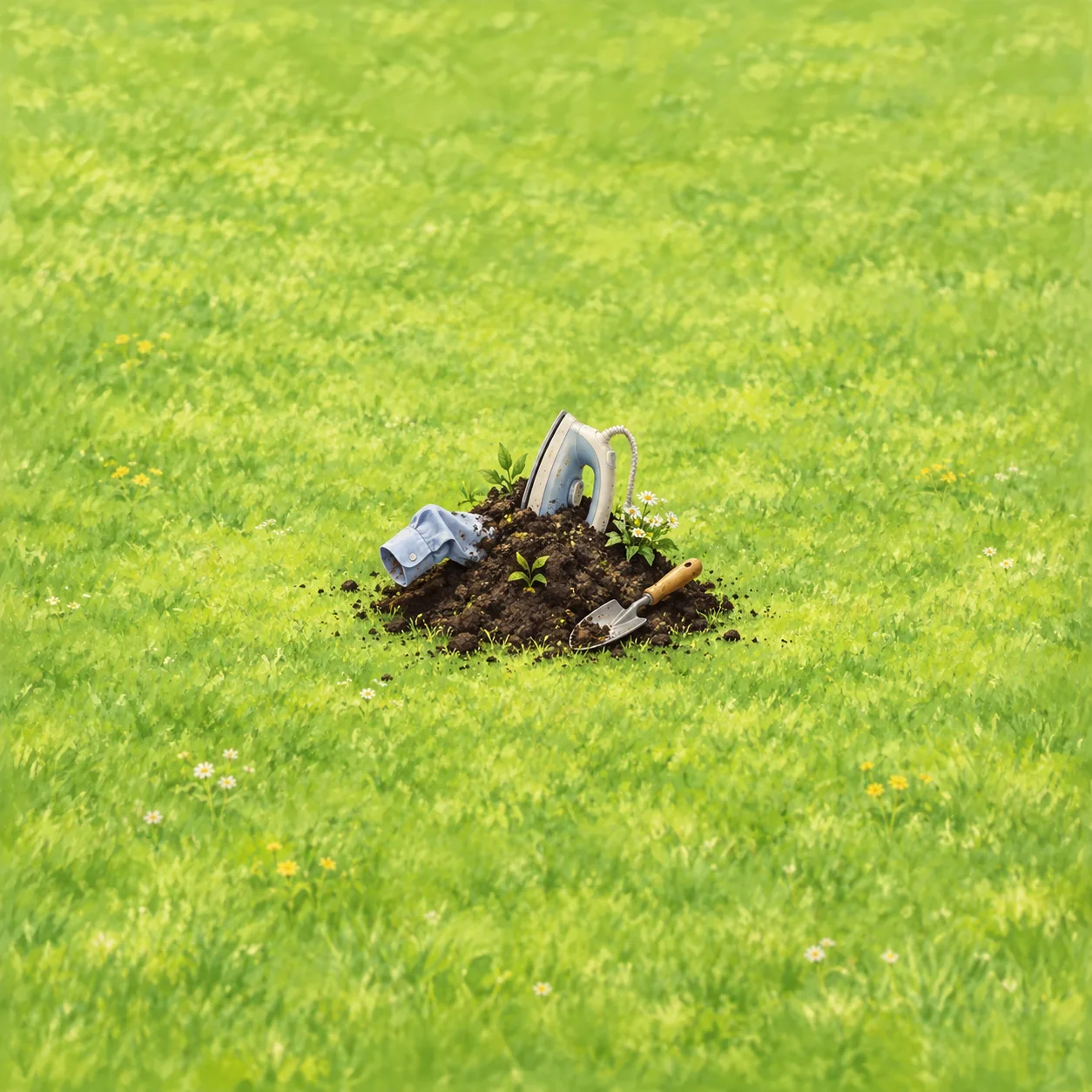 An iron and blue shirt cuff stick out of a mound of soil beside a small trowel on bright green grass.