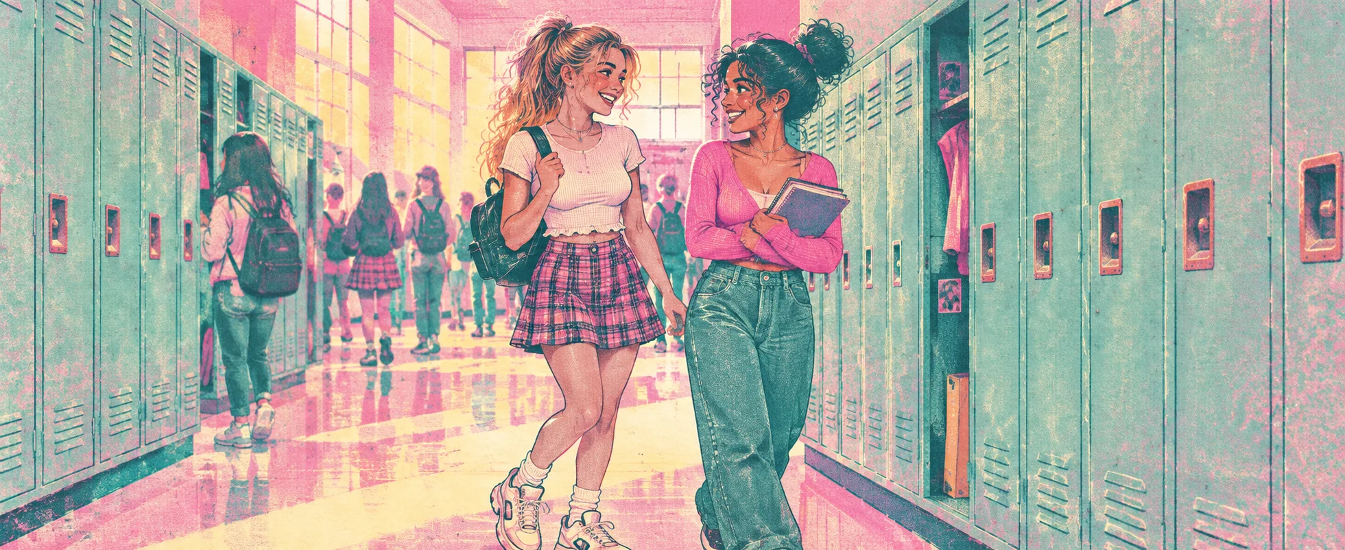 Two teenage girls in late-1990s fashion laugh together as they walk down a pastel school hallway of lockers.