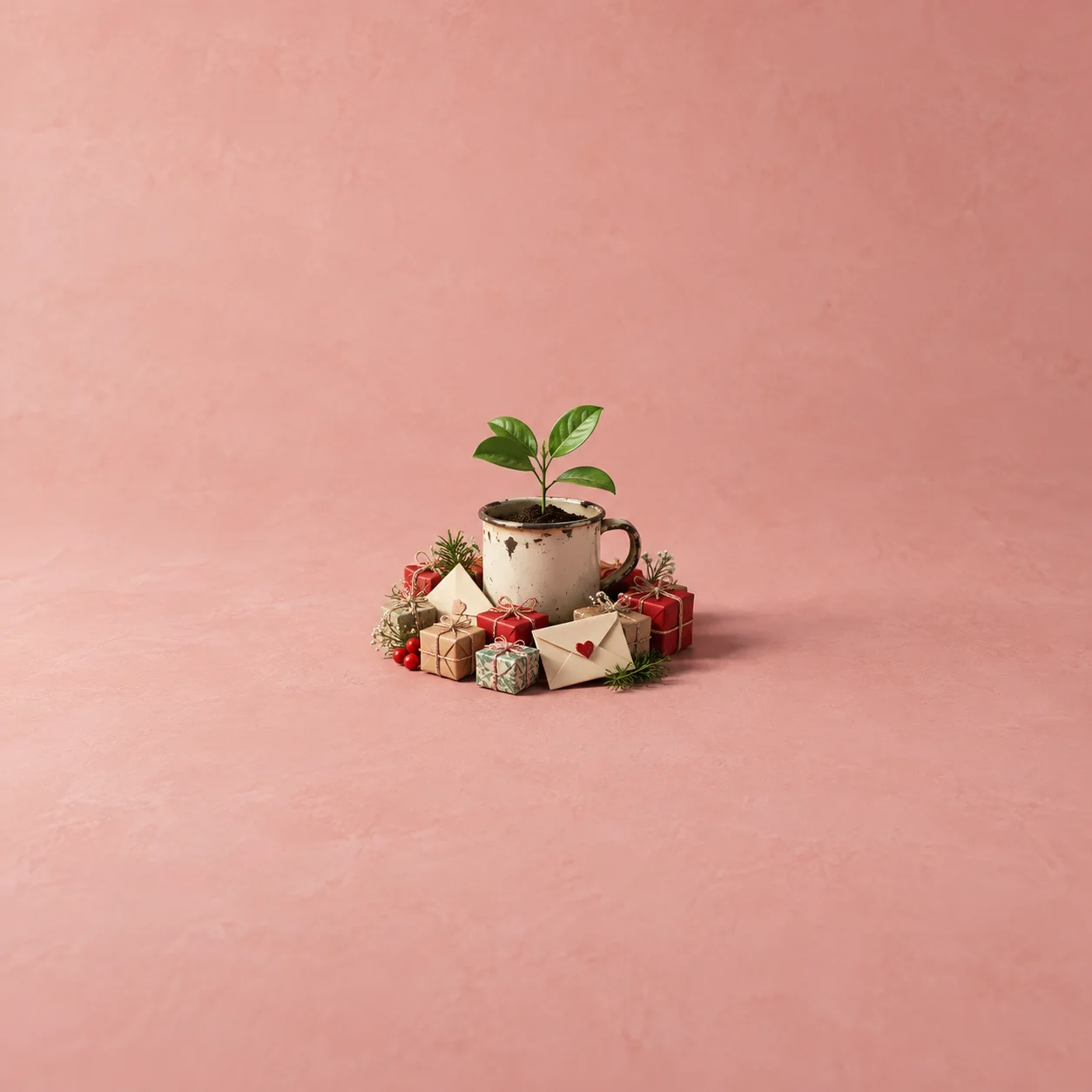 A seedling growing in an enamel mug surrounded by small wrapped gifts and envelopes on a dusty-pink background.