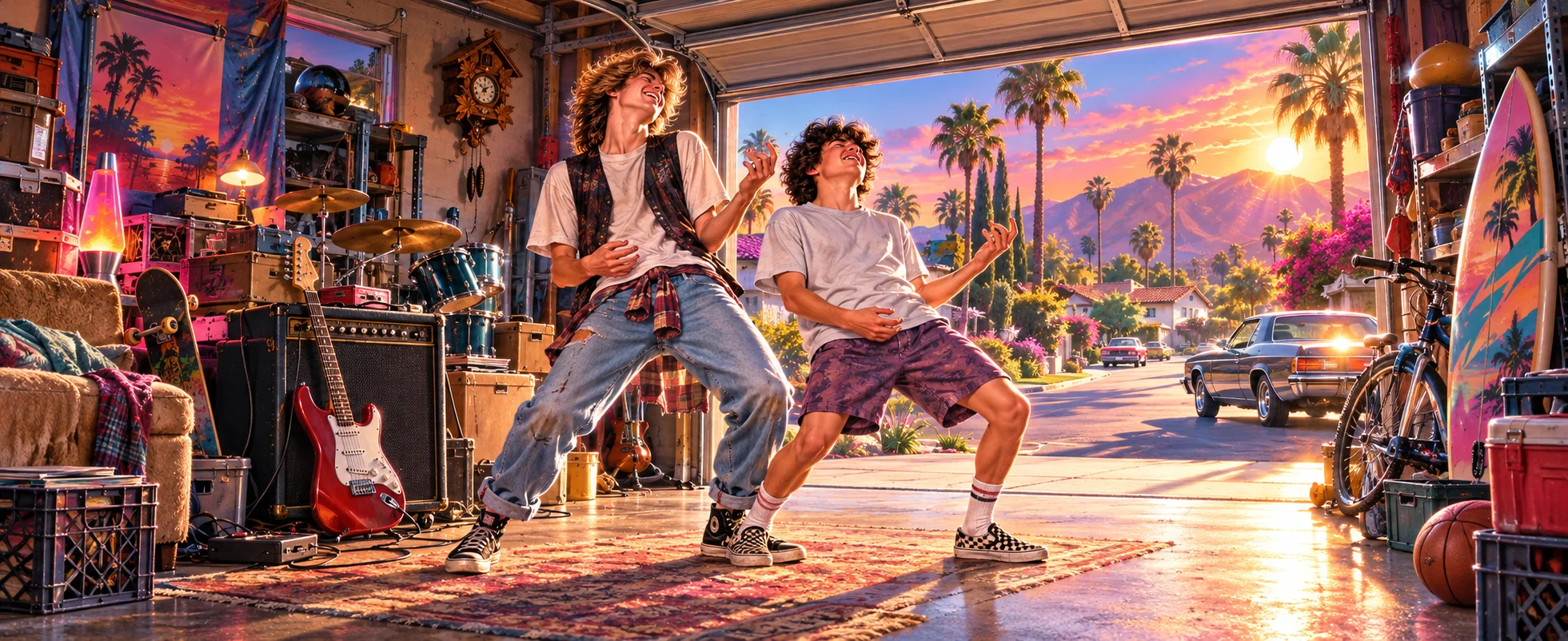 Illustration in 1980s airbrush style: two teenage slackers play wild air guitar in a cluttered California garage, a real guitar and amp beside them and a sunset street with palm trees beyond the open door.