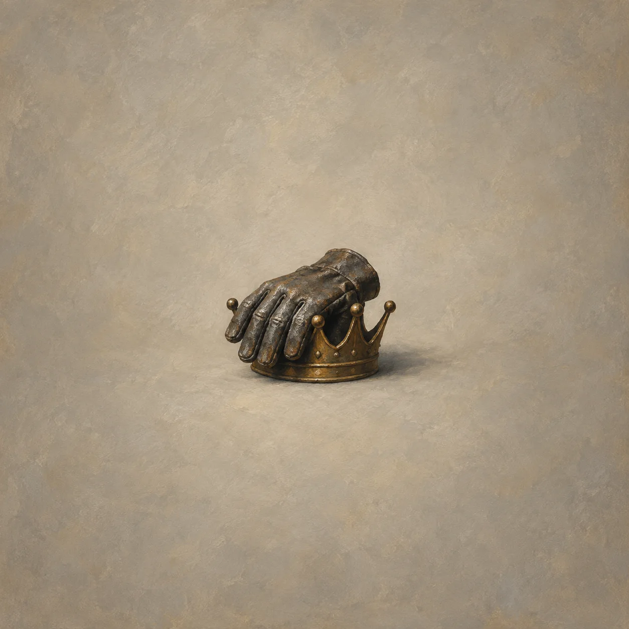 Iron work-glove sculpture resting on a small bronze crown