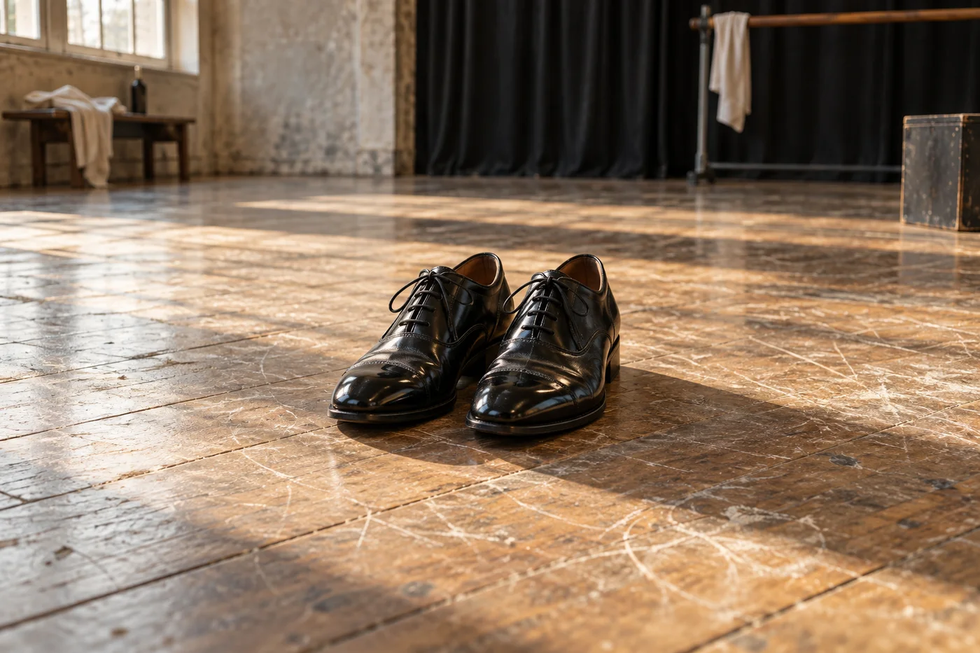 Polished black shoes stand on a scuffed wooden floor in warm light.