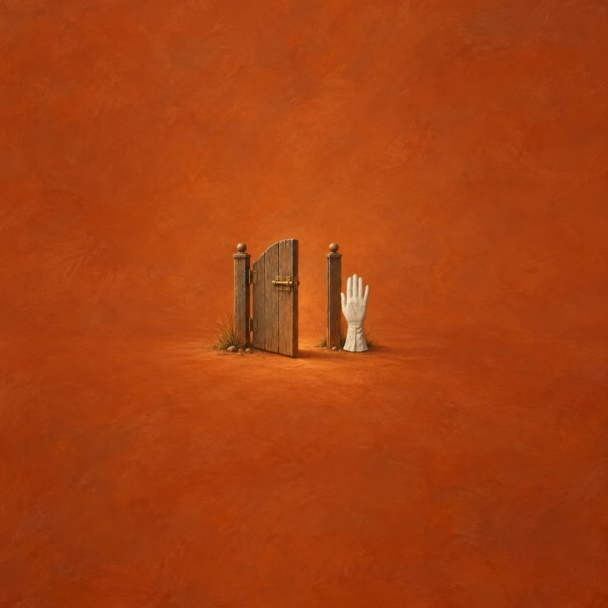 A small wooden gate with a brass latch beside an upright white glove on a rust-orange background.