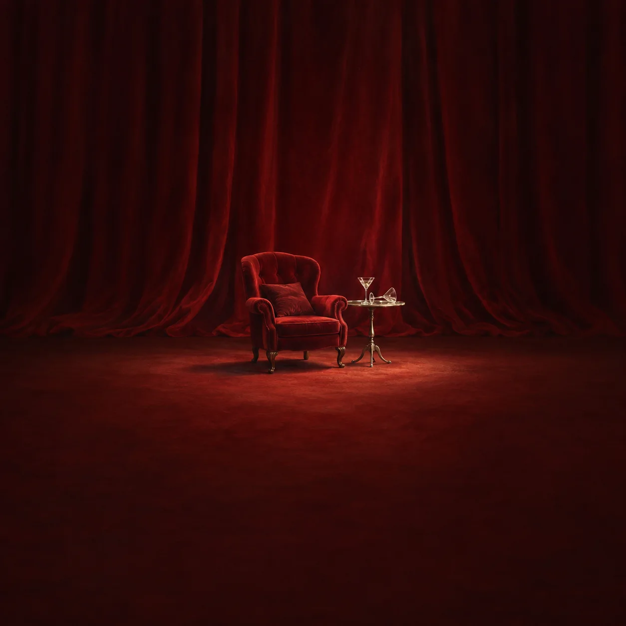 Painterly empty red armchair beside a small drinks table in front of burgundy curtains.