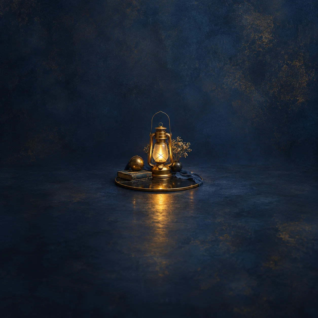 Painterly glowing brass lantern and small metallic spheres on a circular tray against deep blue.