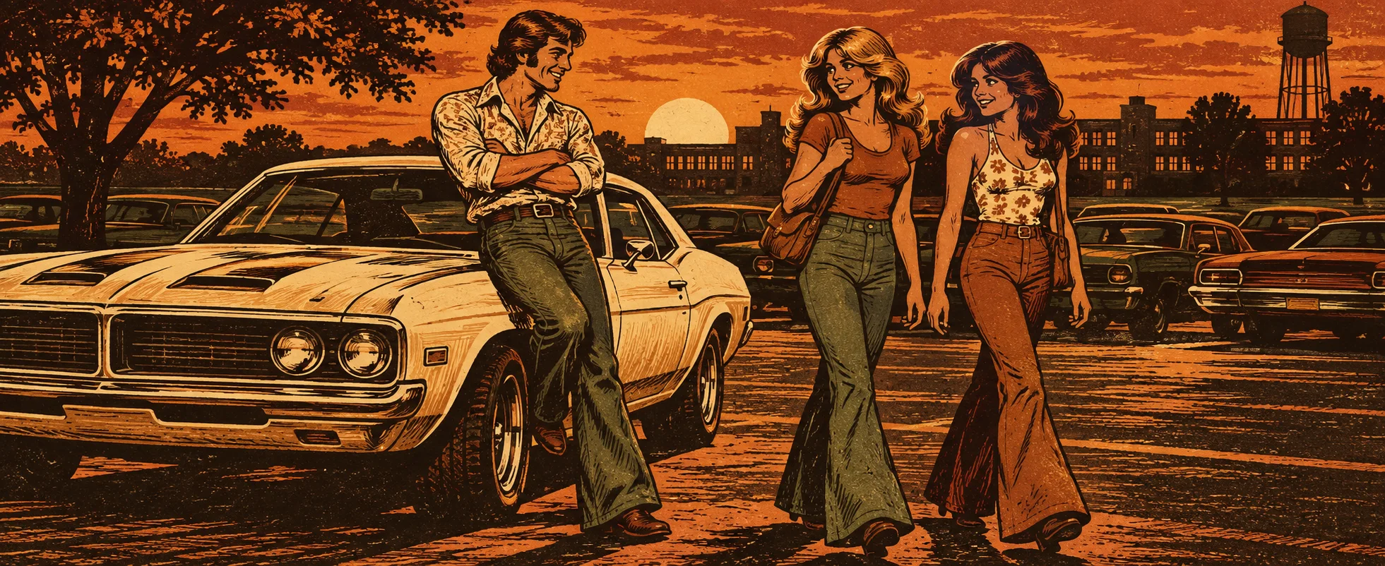 A grinning man leans on a muscle car in a 1970s parking lot as two teenage girls in bell-bottoms walk past.