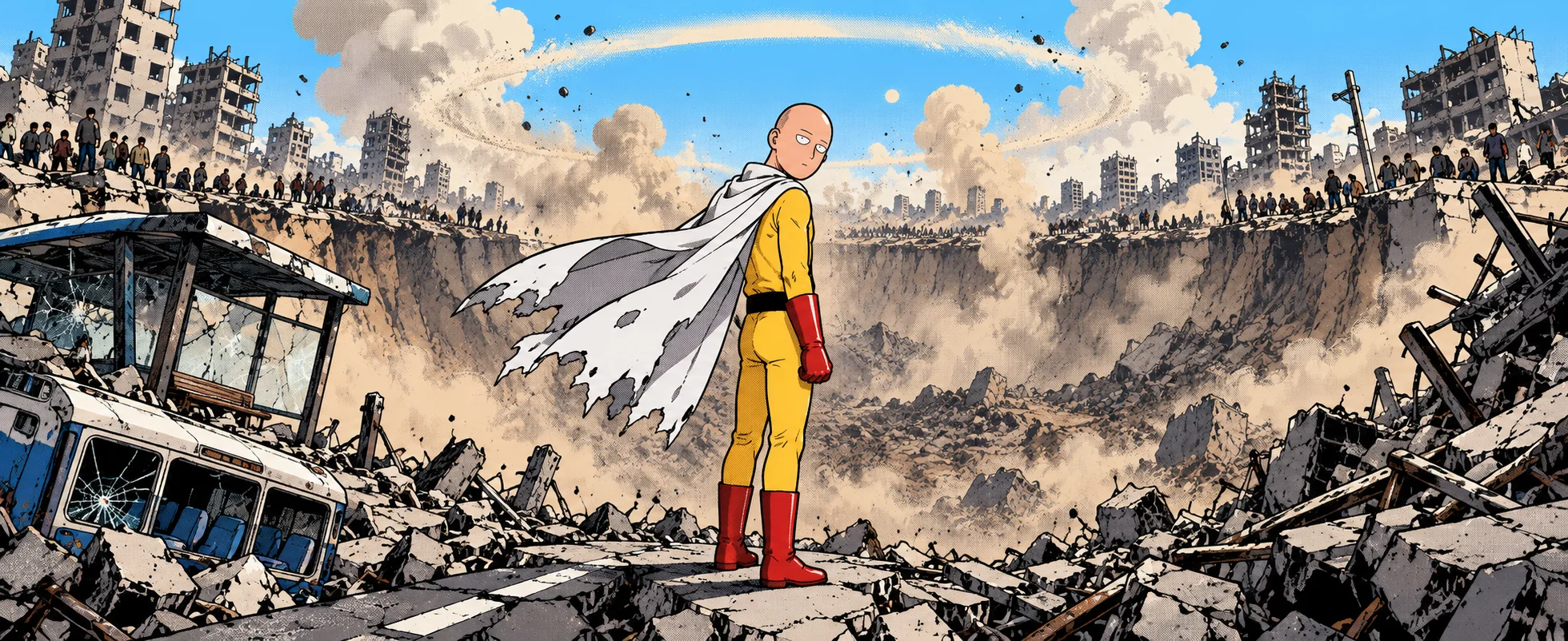 A bald hero in a yellow suit and white cape stands unbothered beside a huge crater in a wrecked city.
