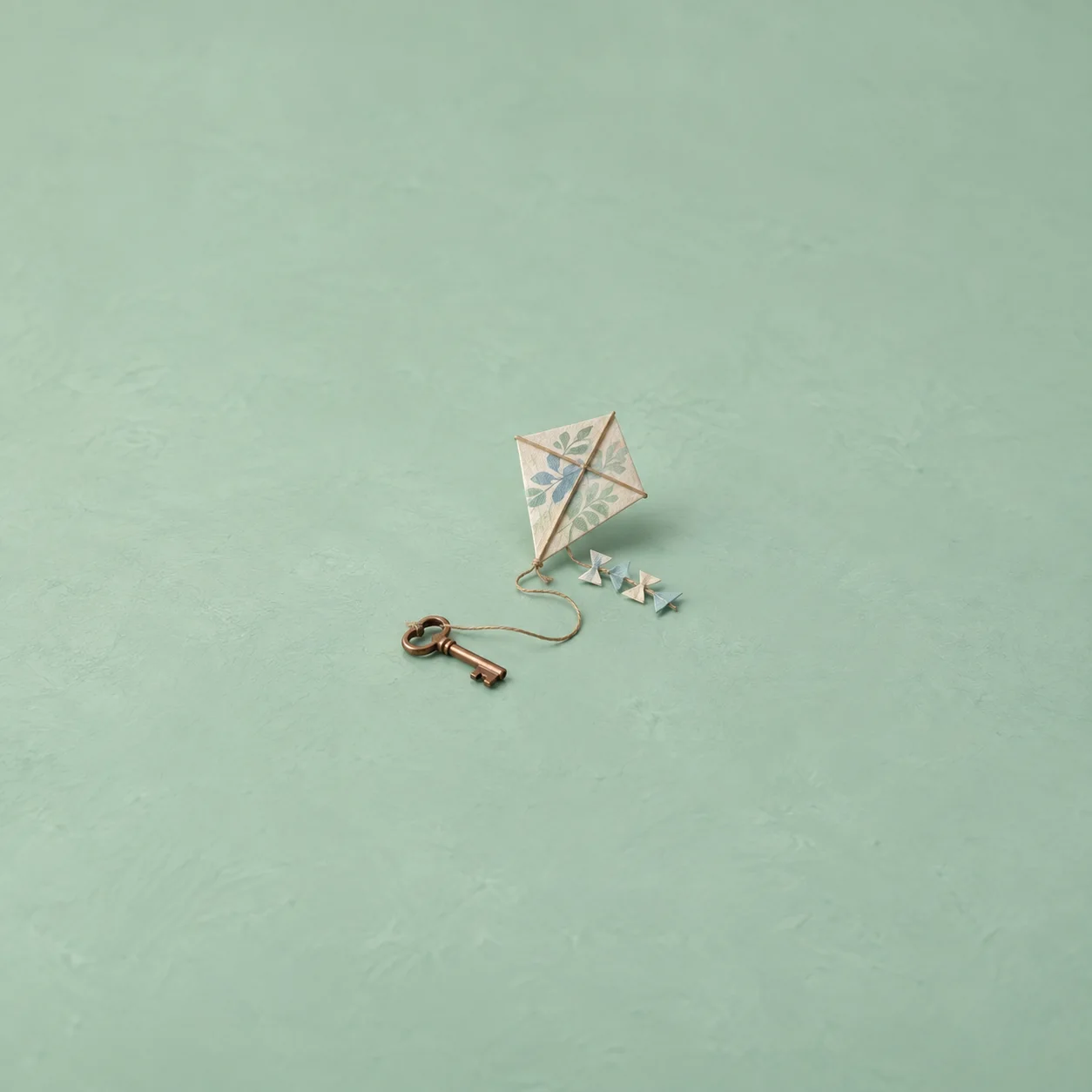 A patterned paper kite tethered to a copper key on a mint-green surface.