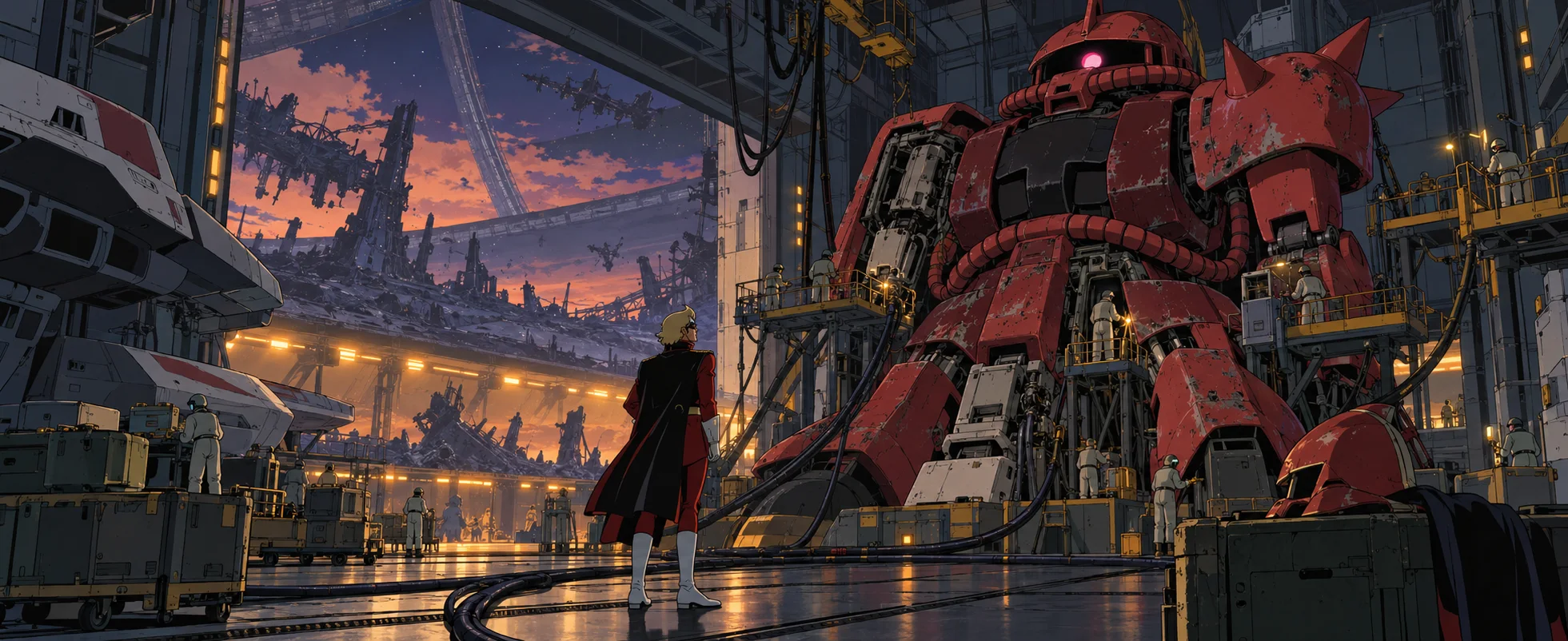 Anime-style illustration of a blond officer in a red uniform and long coat standing with his back to us in a colony hangar at dusk, looking up at a battered red mobile suit under repair.