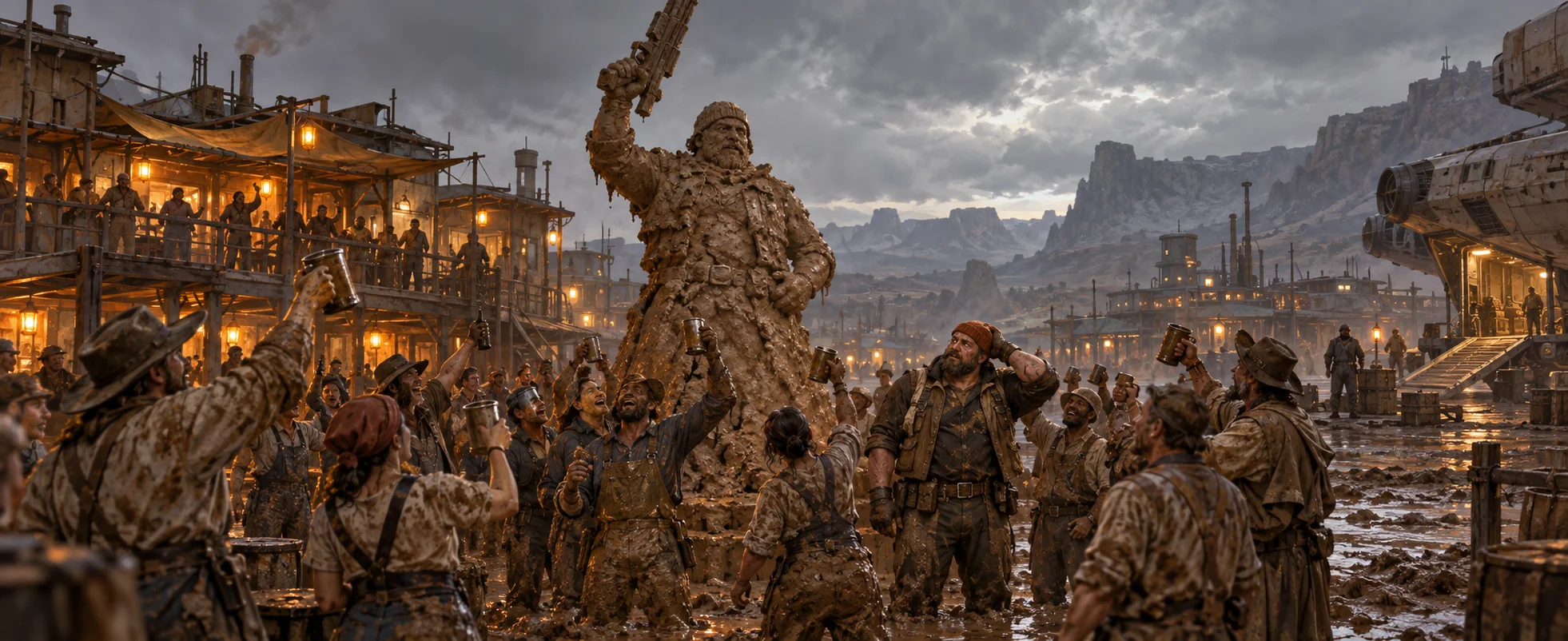 Mud-caked workers raise tankards around a crude mud statue of a burly man with a gun in a muddy frontier town.