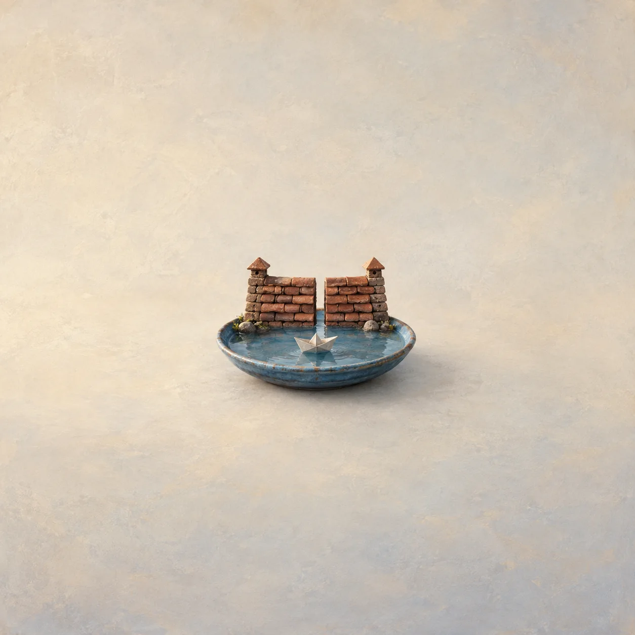 A small brick wall with a gap and a paper boat in a shallow blue dish.