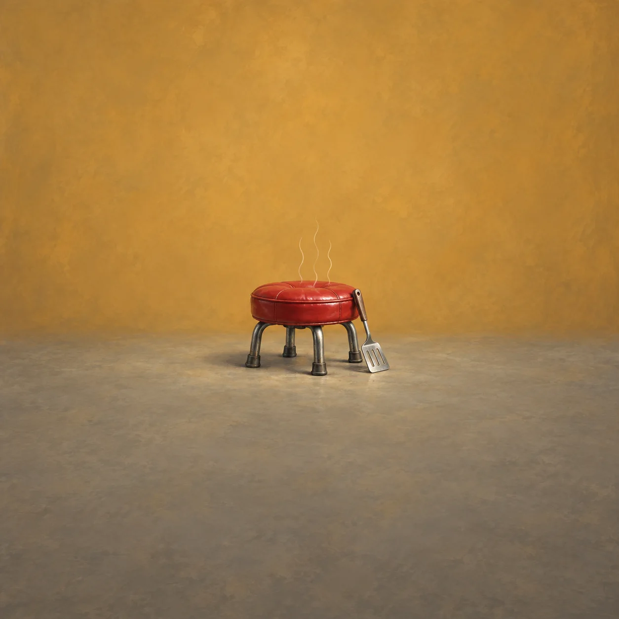 Wisps of heat rise from a red padded stool beside a leaning metal spatula.