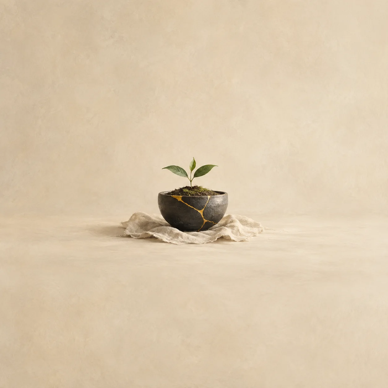 A dark bowl with gold-mended cracks holds a small green seedling on crumpled linen.