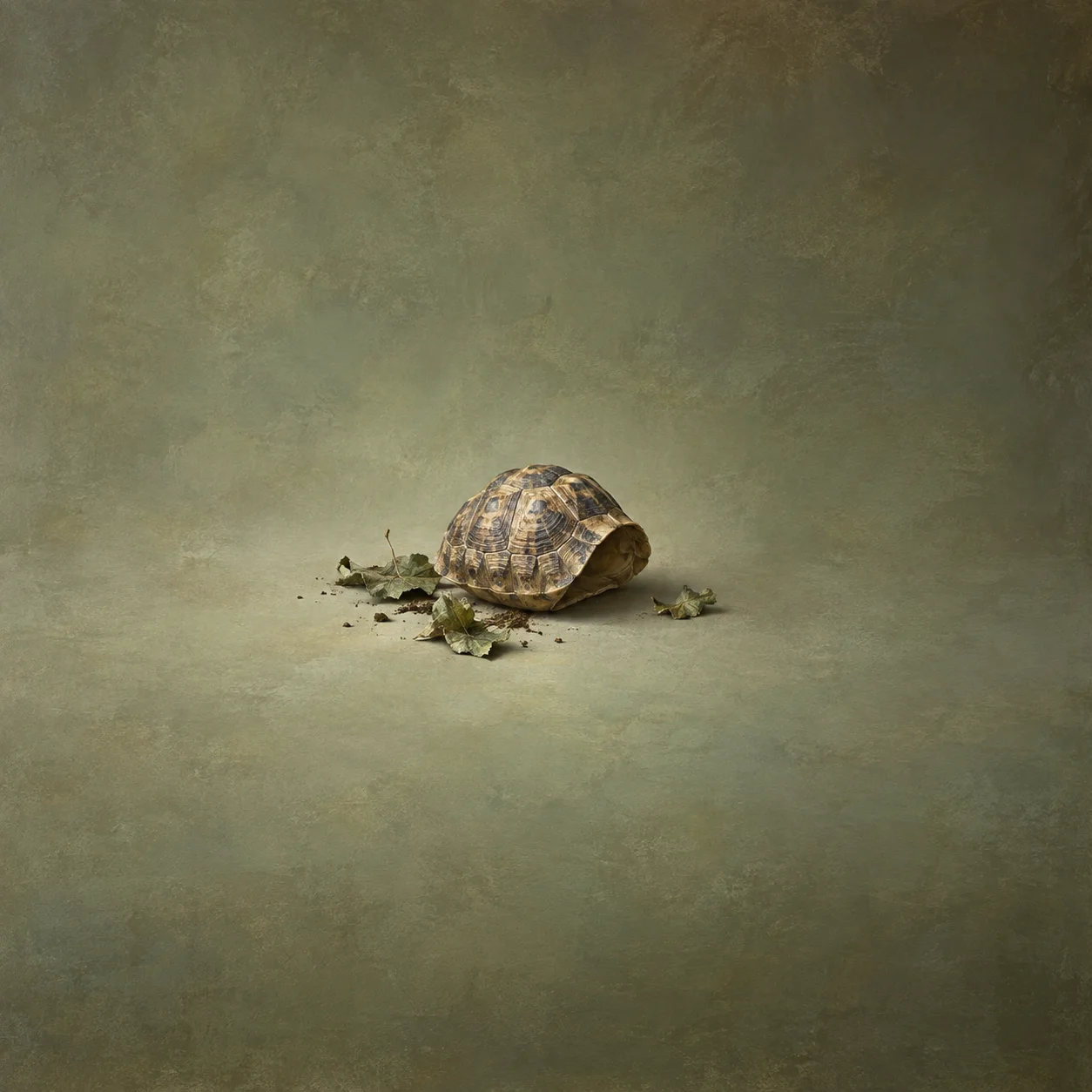 A small tortoise shell rests among dry leaves on a muted green surface.