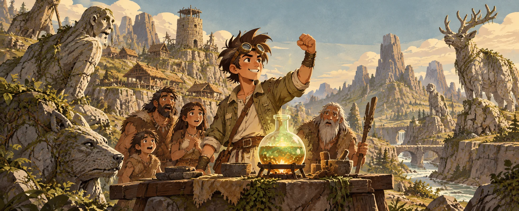 A grinning young scientist in goggles raises a fist over a bubbling green flask as villagers and stone statues look on.