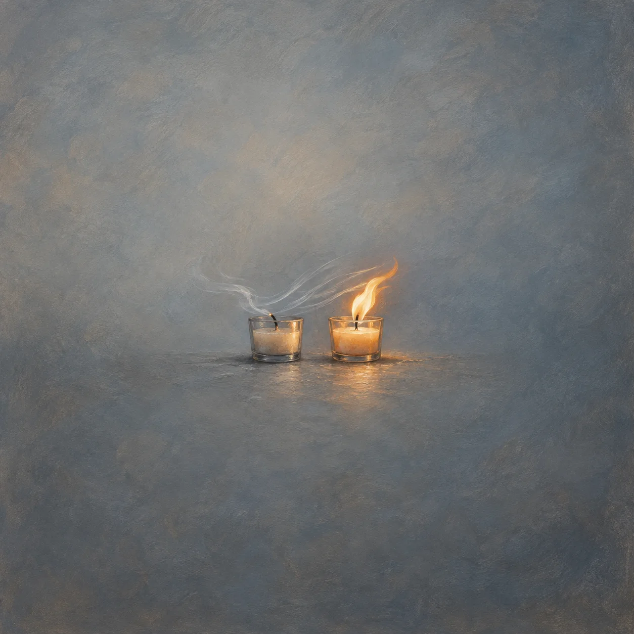 Two small glass candle holders sit side by side, one smoking and the other burning with a tall golden flame.