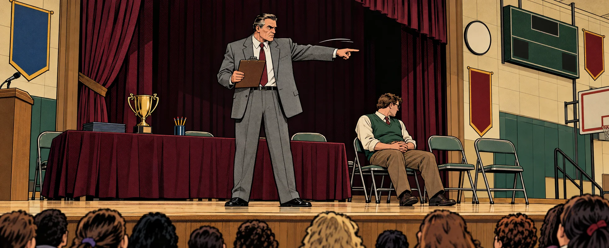 A stern principal in a grey suit points from a school-gym stage while a young man in a sweater vest slumps in a folding chair beside a trophy.