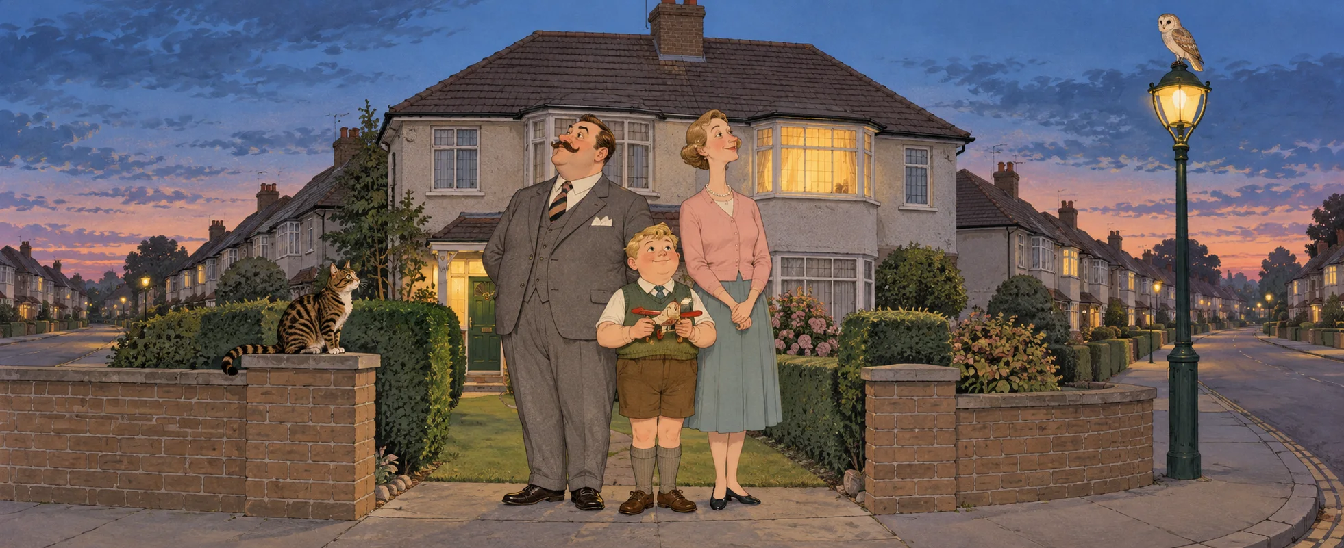 A stout moustached man, his thin wife and their plump son stand stiffly outside a neat suburban semi at dusk, a tabby cat on the wall and an owl on the lamp post.
