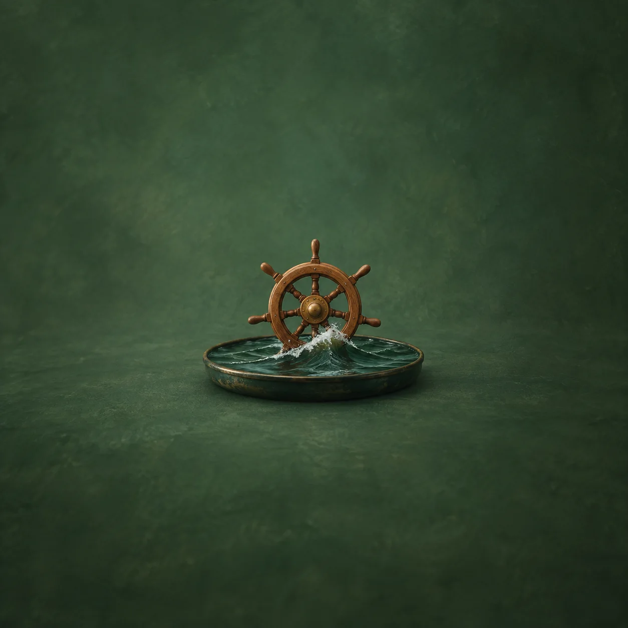 A small wooden ship's wheel standing in a tray of green rippled water with a small wave curling by it.