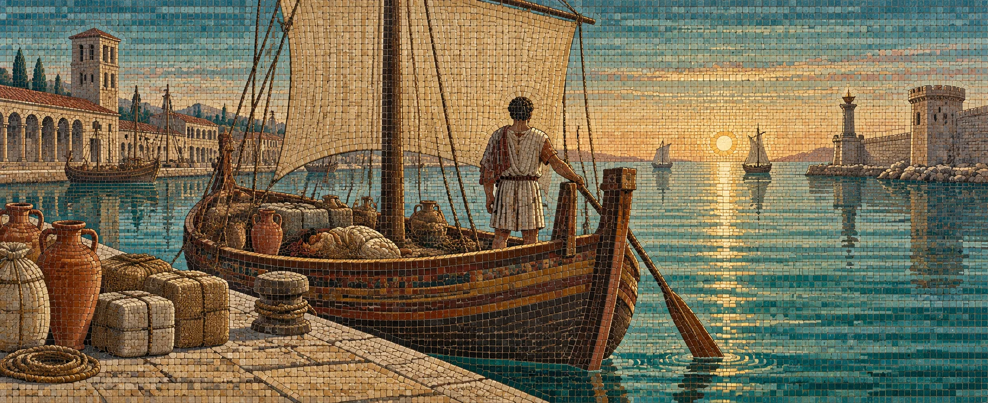 In the style of a Roman mosaic, a helmsman stands at the steering oar of a merchant ship with a slack square sail in a glassy harbour at dawn, amphorae and bales on the quay beside a lighthouse.