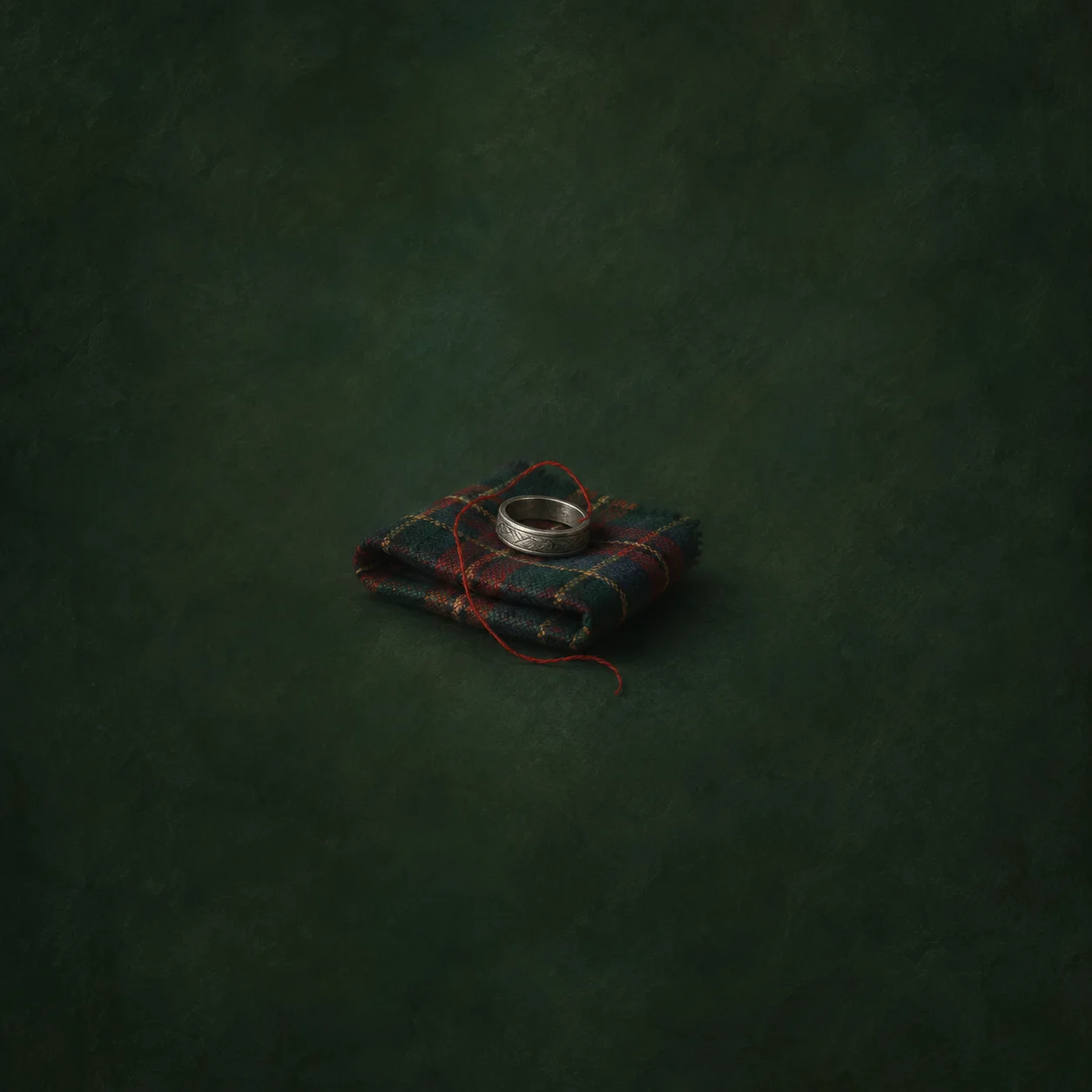A silver ring rests on folded tartan fabric with a loose red thread against deep green.