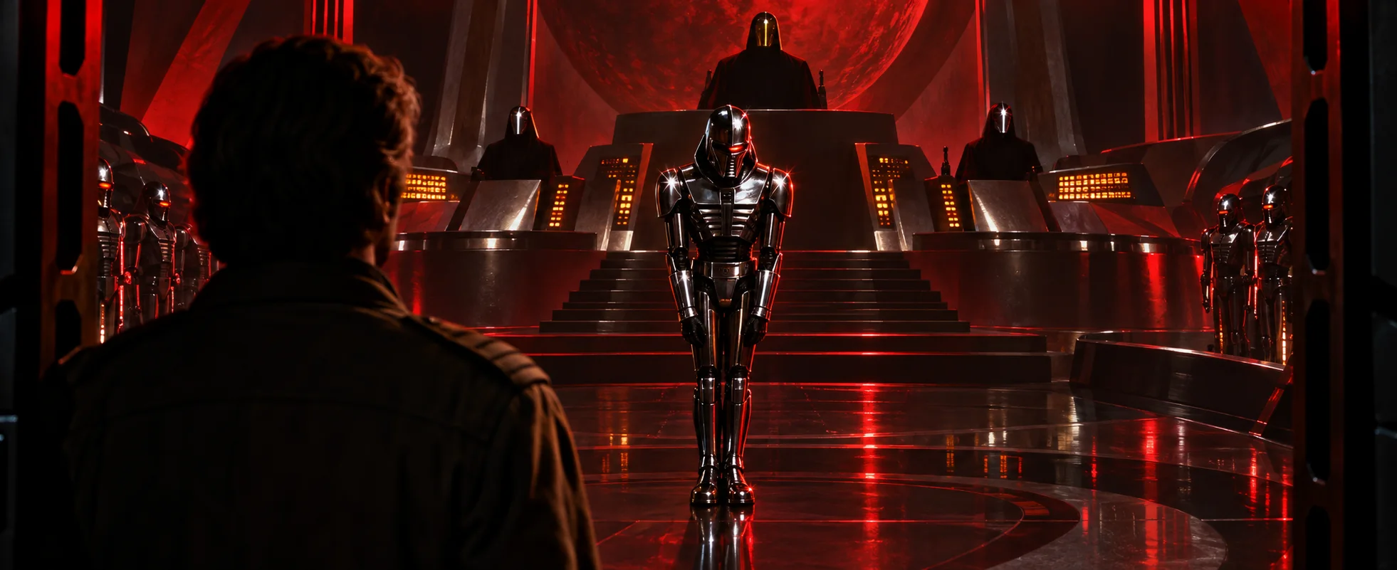 A chrome robot soldier with a red eye slit stands at attention before a red-lit throne dais aboard an alien warship, a man in a flight jacket watching from the shadows.