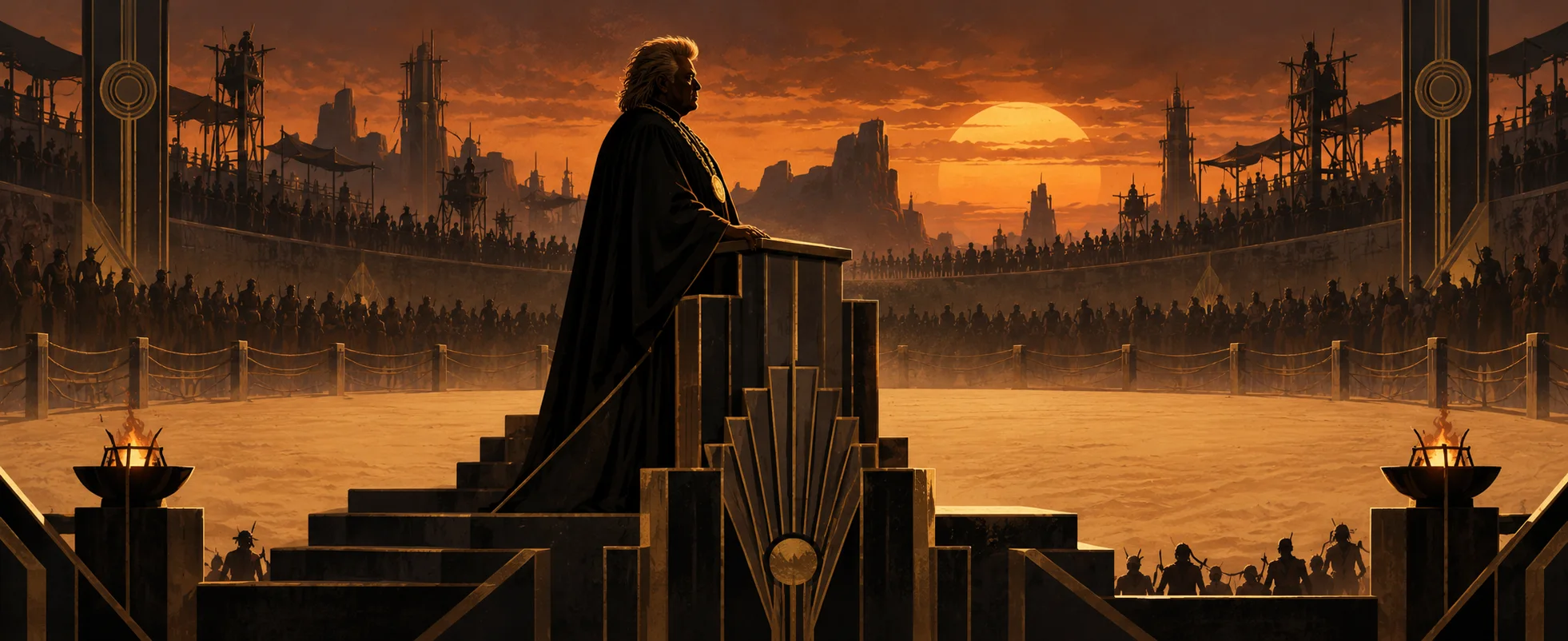 A robed announcer stands at an art-deco rostrum above a sand arena ringed by a vast crowd at dusk.