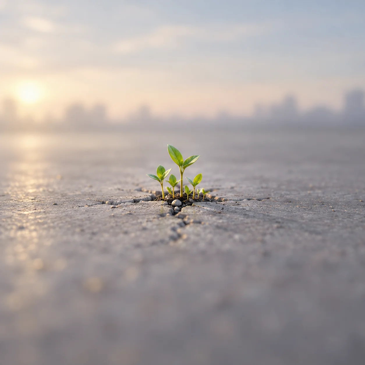 A small cluster of green seedlings grows through a crack in grey pavement in soft morning light.