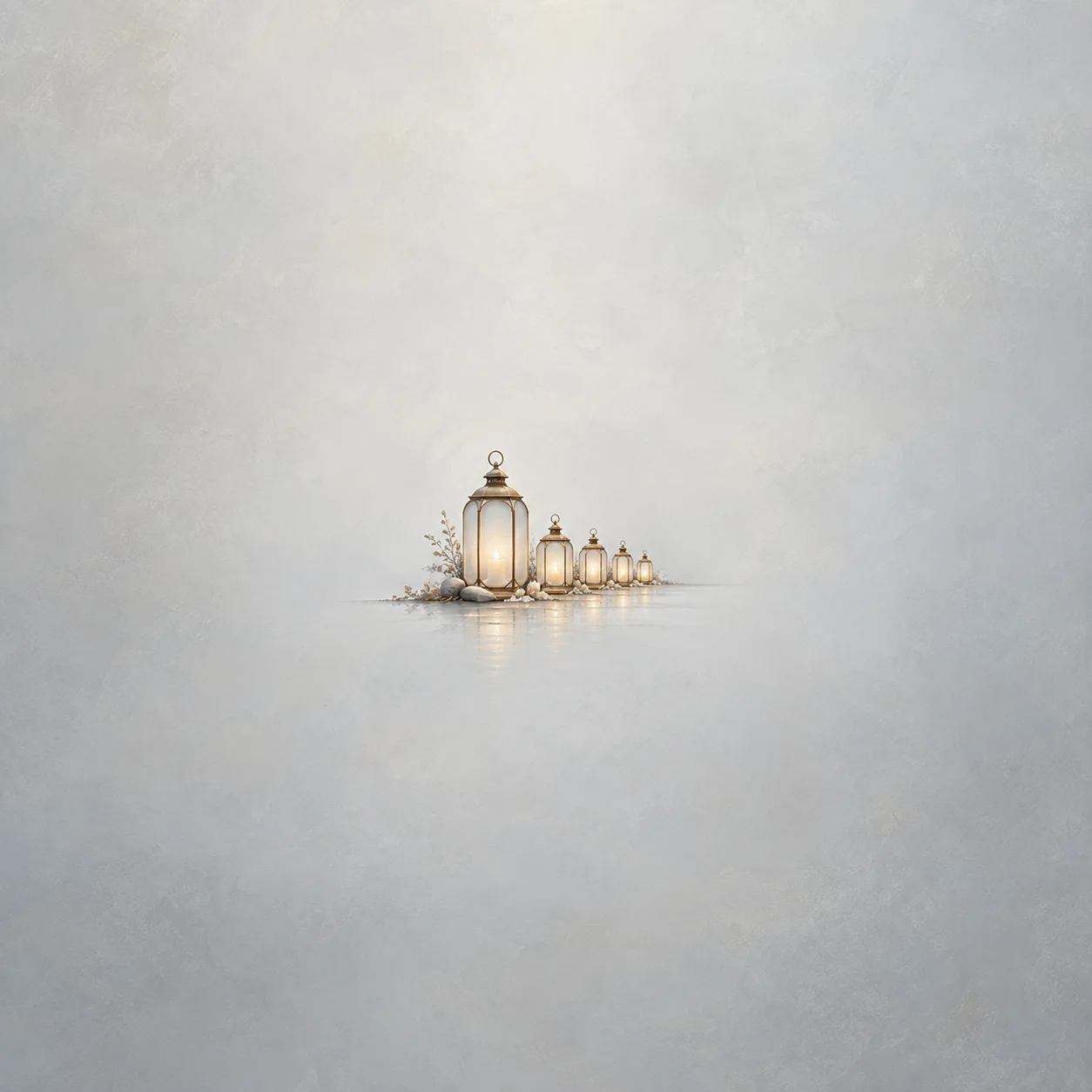 A tall frosted-glass lantern leading a row of smaller glowing lanterns on a pale grey background.