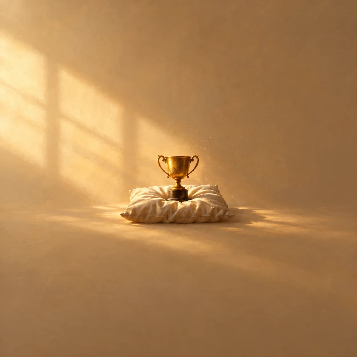 A small gold trophy rests on a rumpled cream pillow in warm morning light.