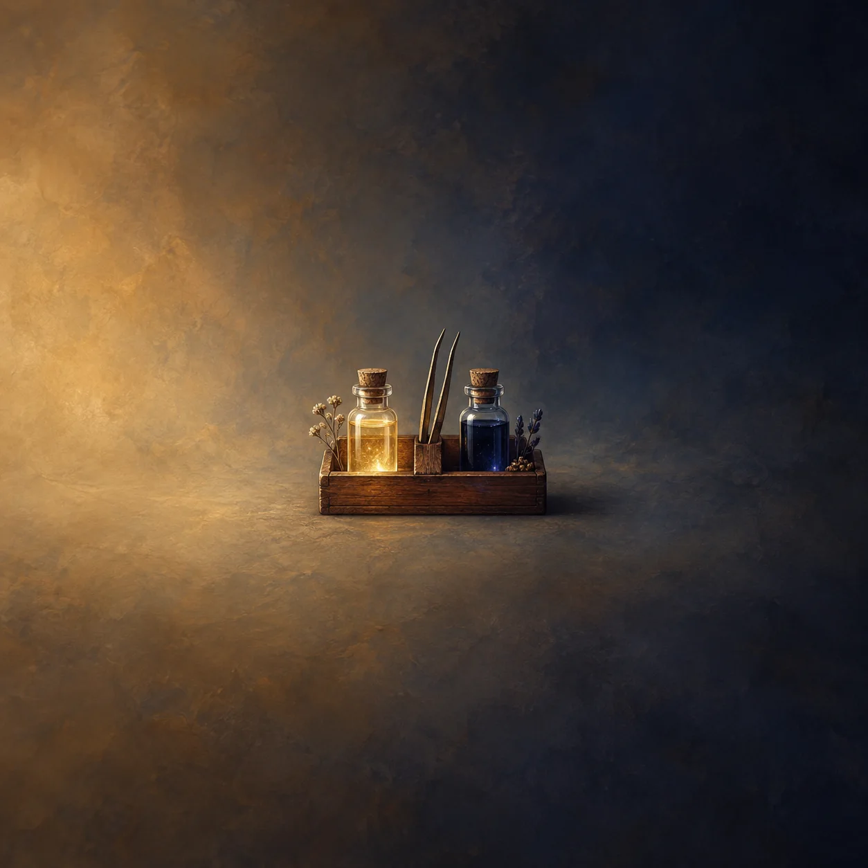 A small wooden tray with two glass vials, one pale gold and one dark indigo, with tweezers standing between them.