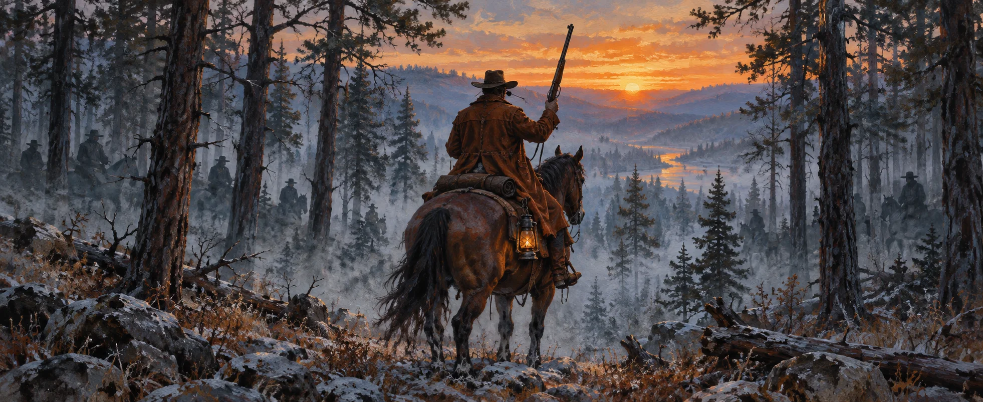 A lone one-eyed marshal on horseback, rifle raised, faces a clearing in a misty pine forest at dawn.