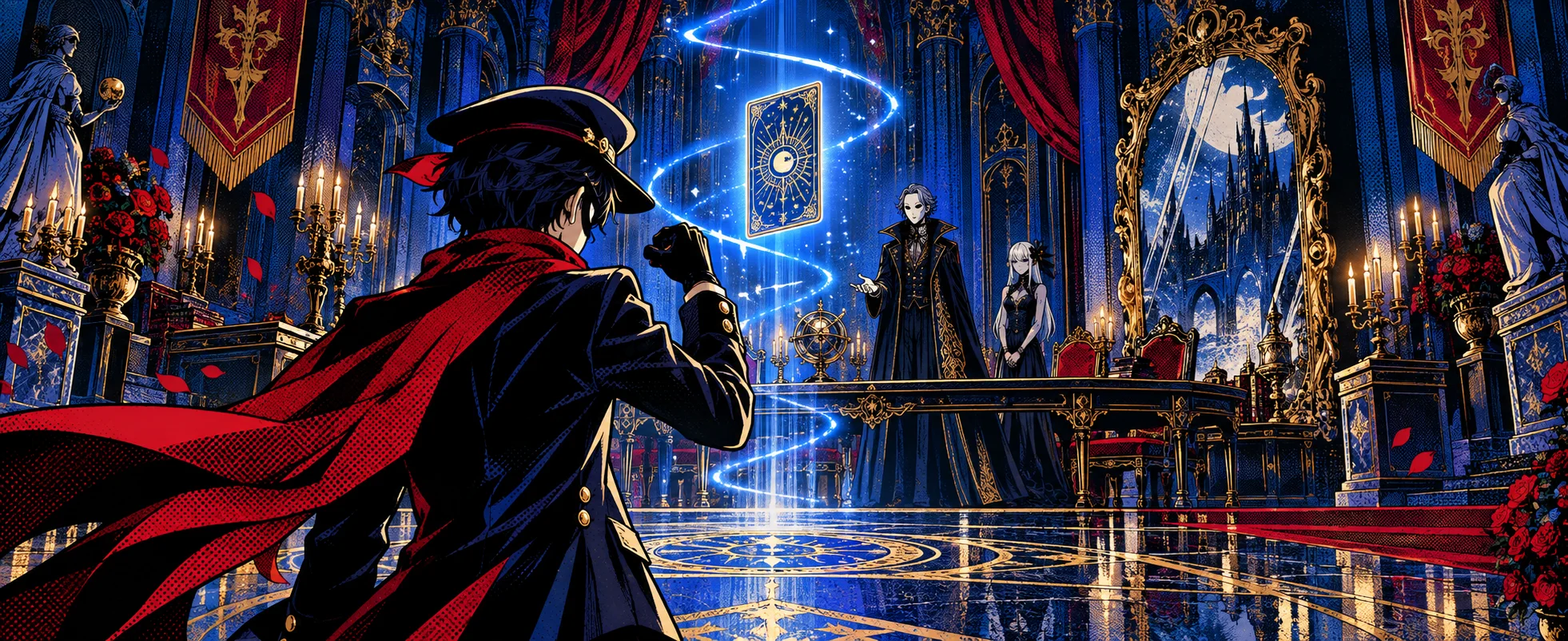 A student in a long coat and red scarf stands before a blue-lit velvet room as a mask of light swirls.