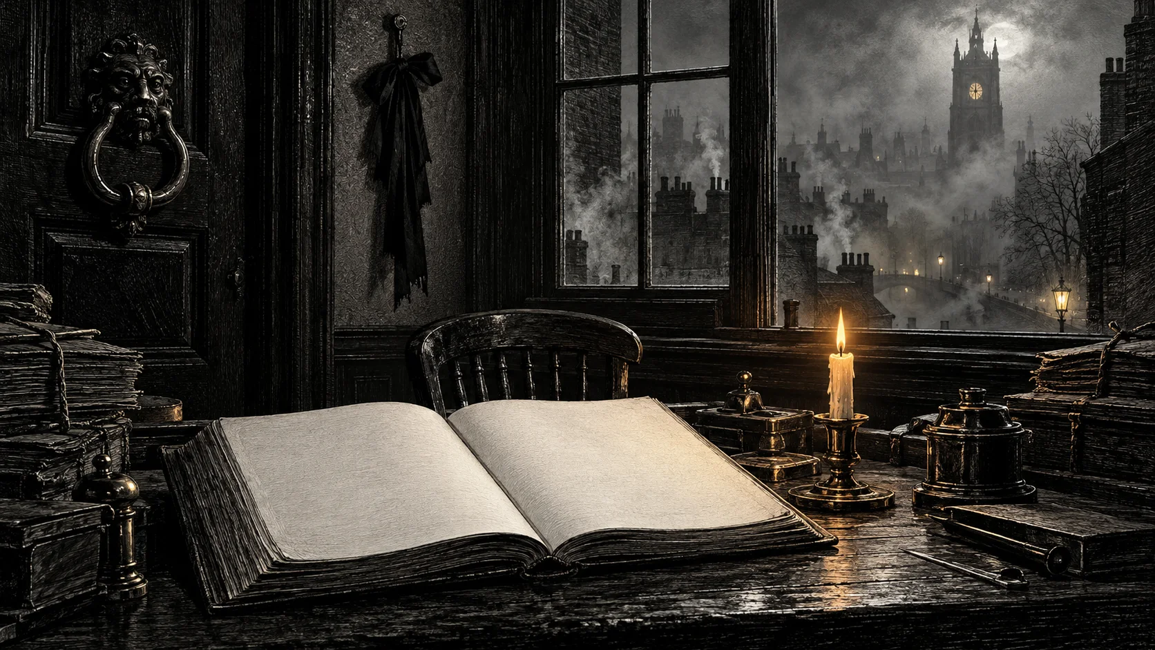 An open register lies by a single candle in a dark Victorian office, a lion-head door knocker and a foggy church tower beyond the window.