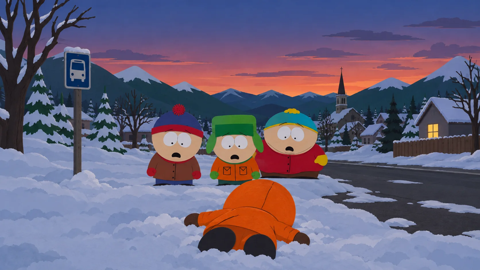 Three cartoon boys in winter hats stand open-mouthed by a snowy bus stop at dusk while a fourth in an orange parka lies face-down in the snow.