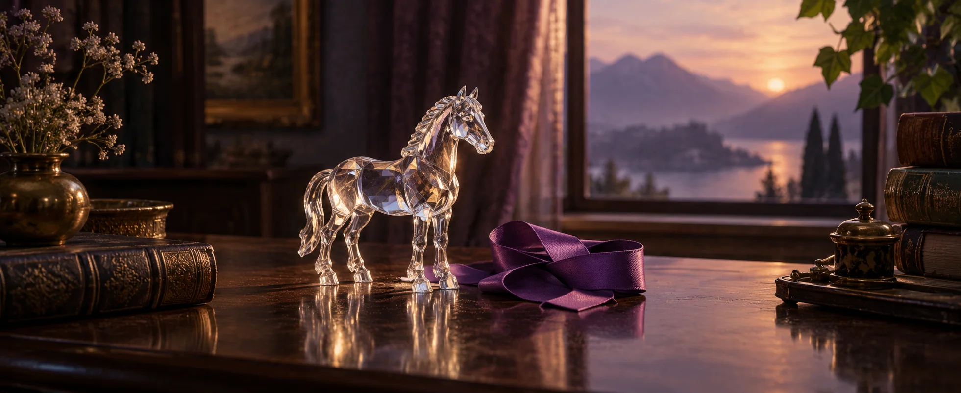 A small unmarked crystal horse stands beside a folded purple ribbon on a polished dark desk.