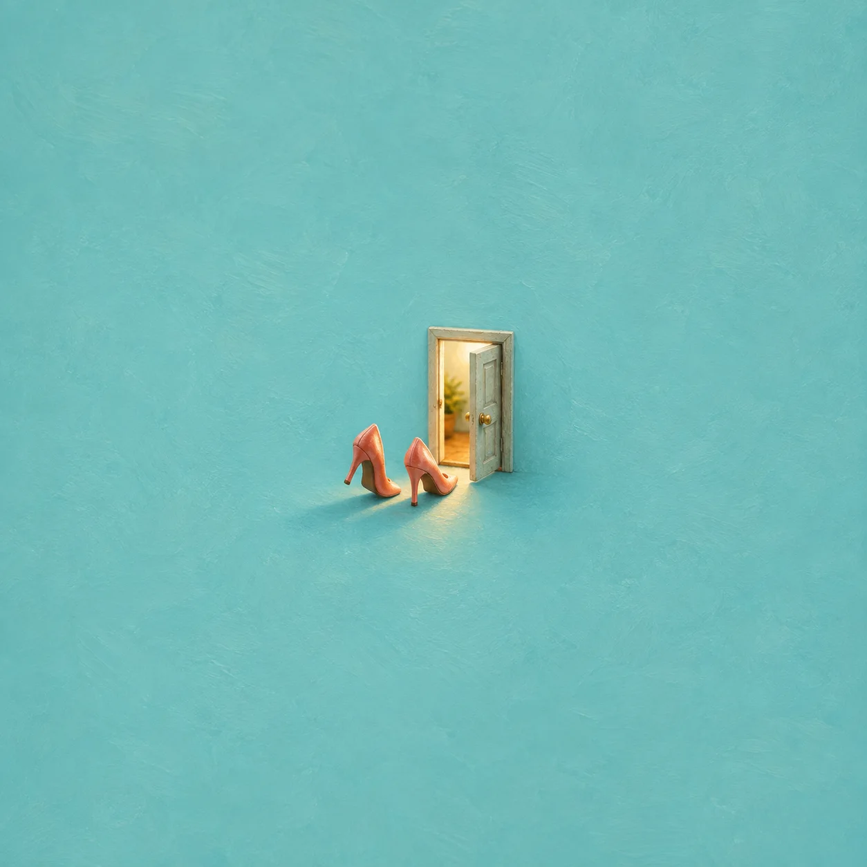 Two coral high-heeled shoes beside a small open doorway filled with warm light against a turquoise background.