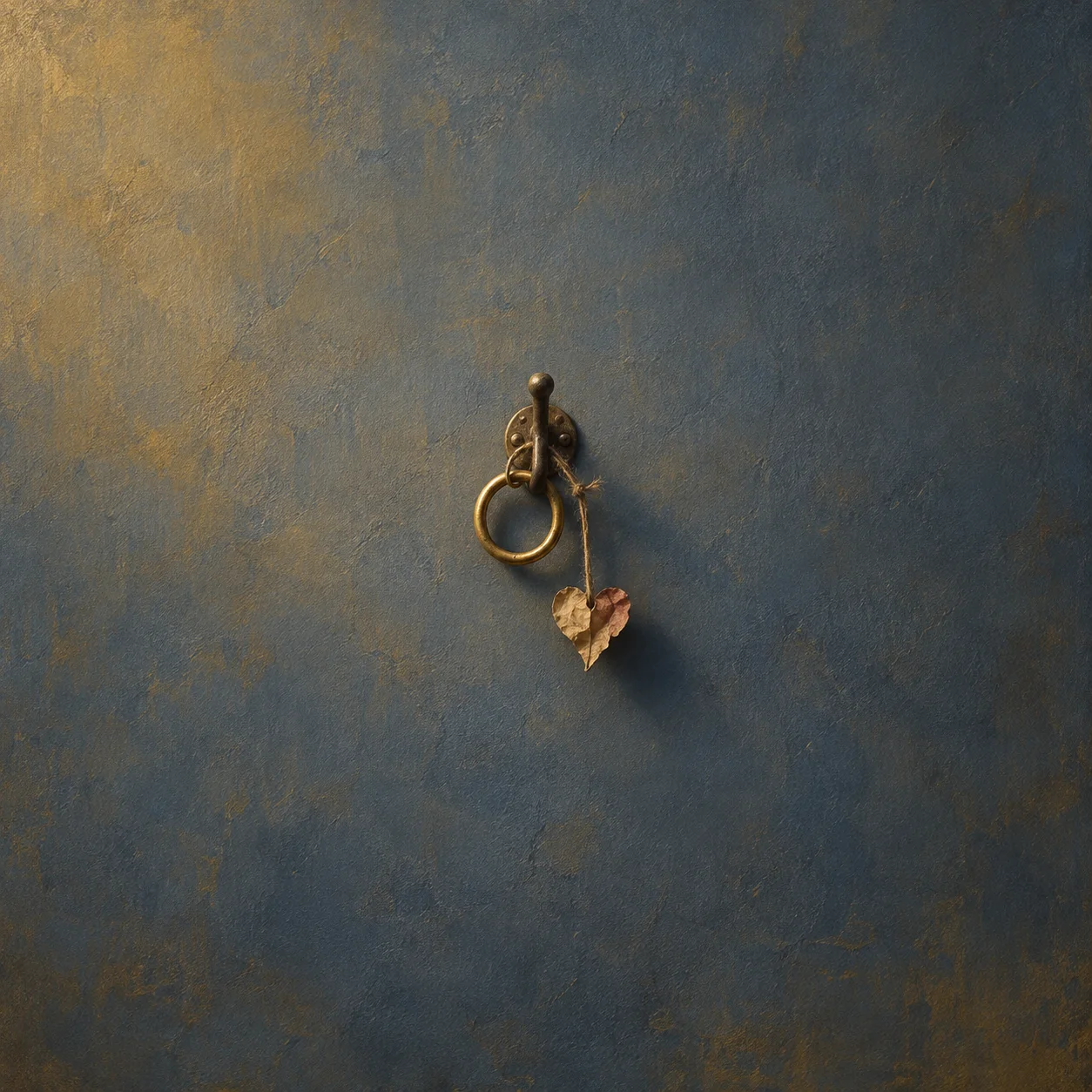 A brass ring hanging from a hook beside a crumpled heart on a string against a slate-blue background.