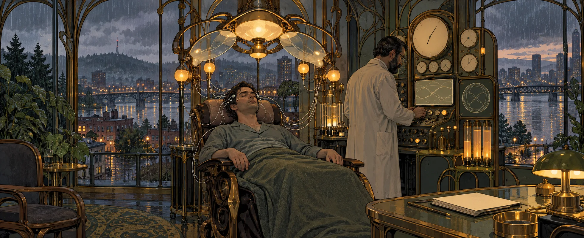 A man sleeps in a reclining chair under a brass dream apparatus as a bearded doctor watches the dials, a rainy city glowing beyond the window.