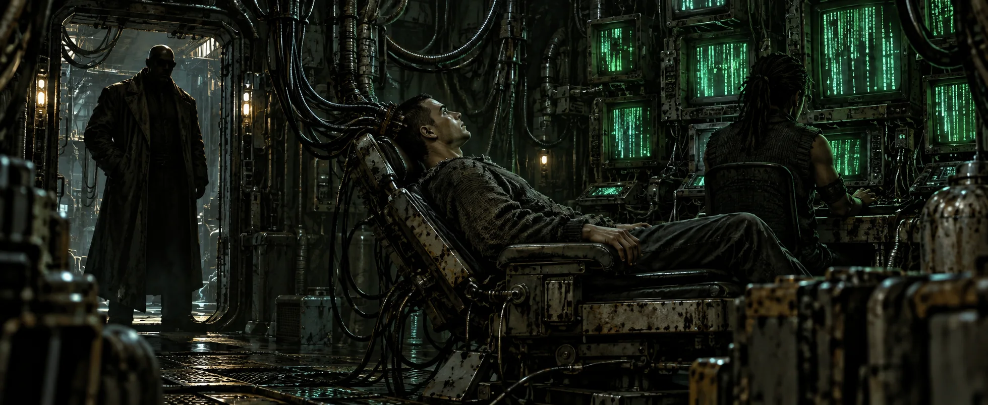 A young man lies back in a worn chair with a cable plugged into his head inside a grimy ship's cabin of green-glowing monitors, a tall man in a long coat watching.
