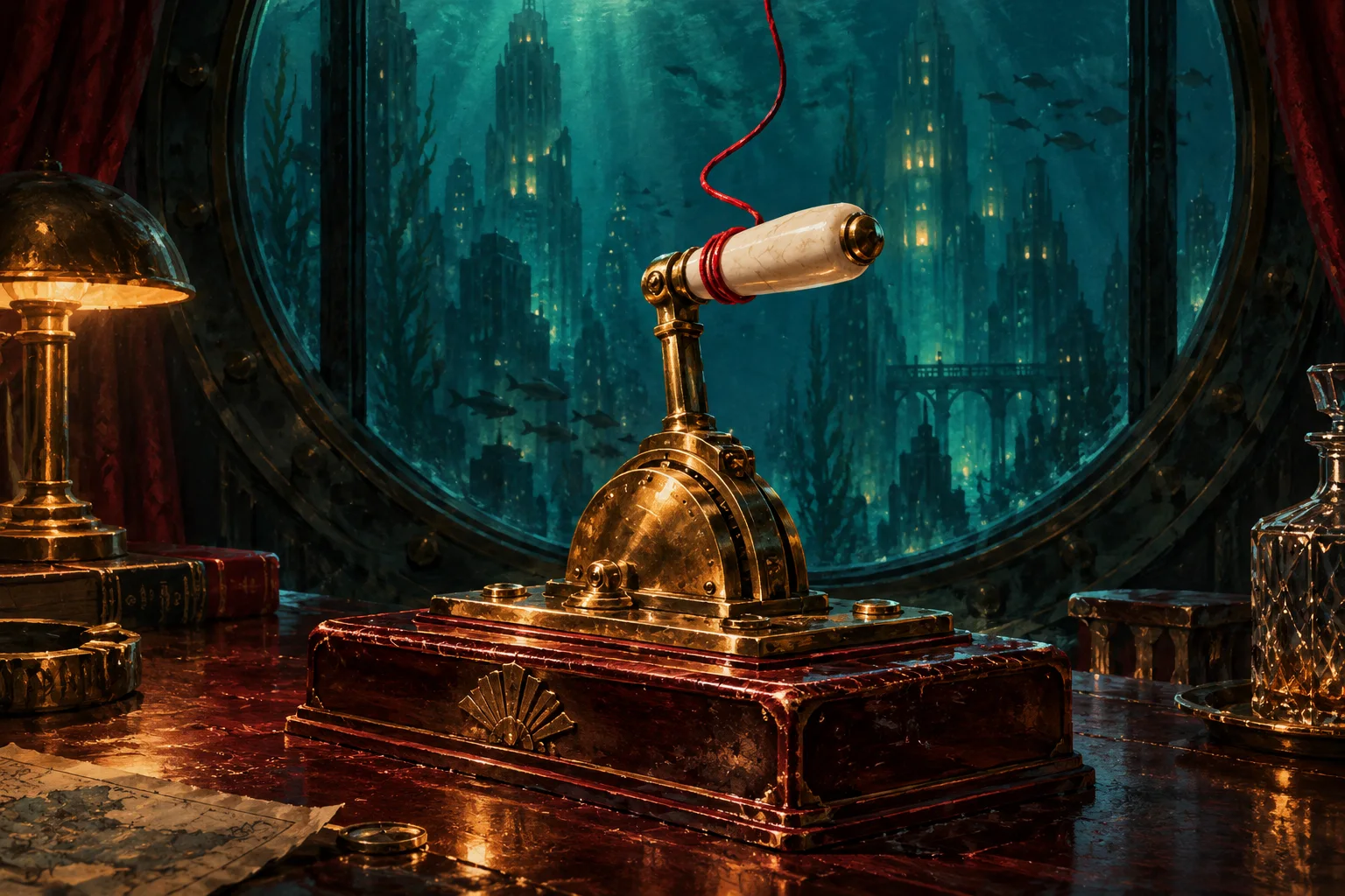 A red puppet string loops around an ivory-handled brass lever beside a window overlooking a teal underwater city.