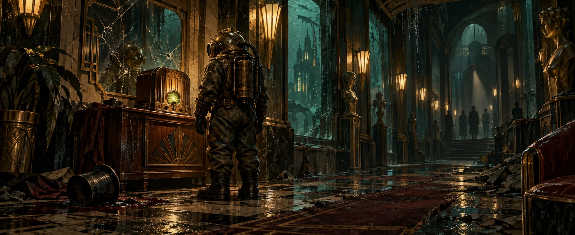 A diver in a brass helmet stands silent before a crackling radio on a sideboard in a dim art-deco corridor.