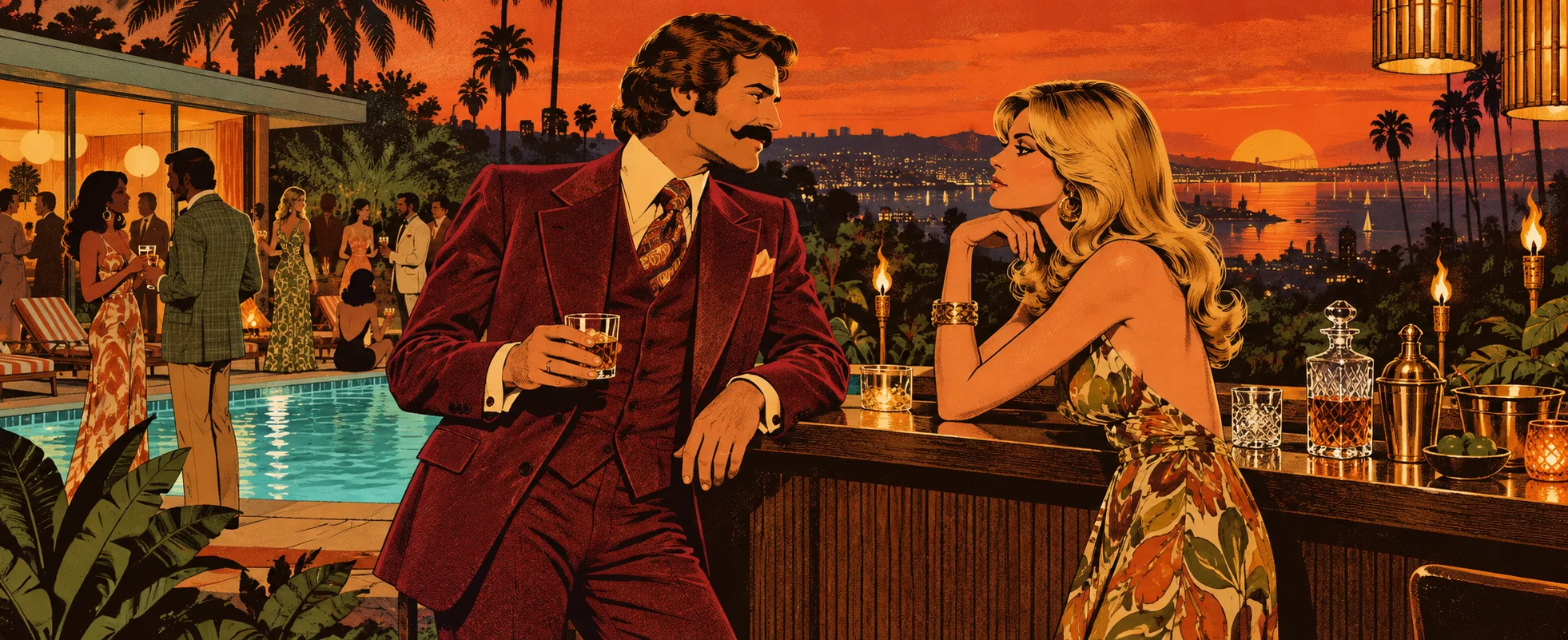 A moustached news anchor in a burgundy suit leans on a poolside bar at a 1970s party, talking to an unimpressed blonde woman.