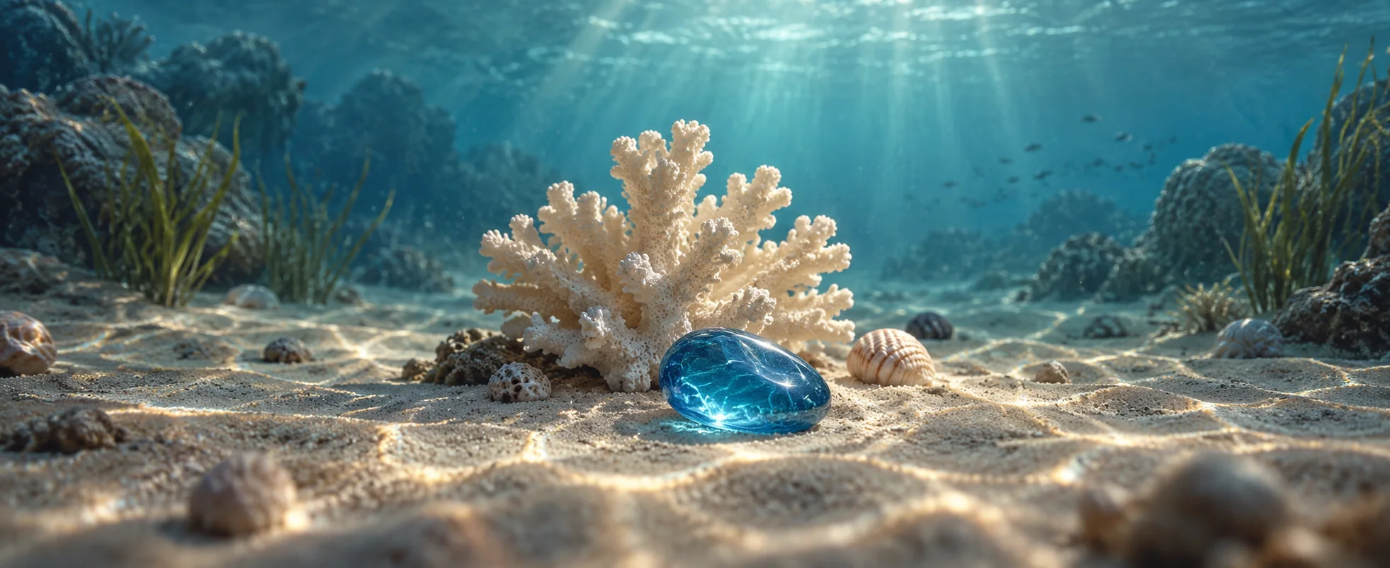 A small blue glass pebble catches rippling sunlight beside pale coral on the sandy seabed.