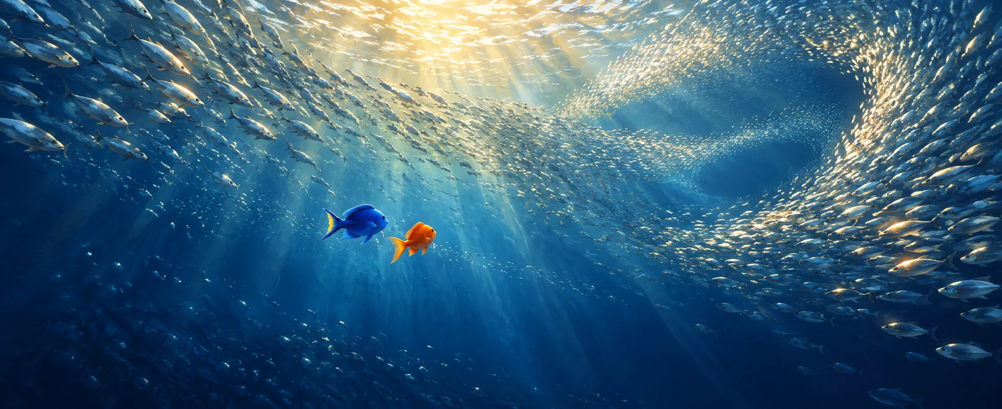 Two small reef fish, one bright blue with a yellow tail and one orange with white bands, swim side by side into the deep blue ocean among jellyfish.