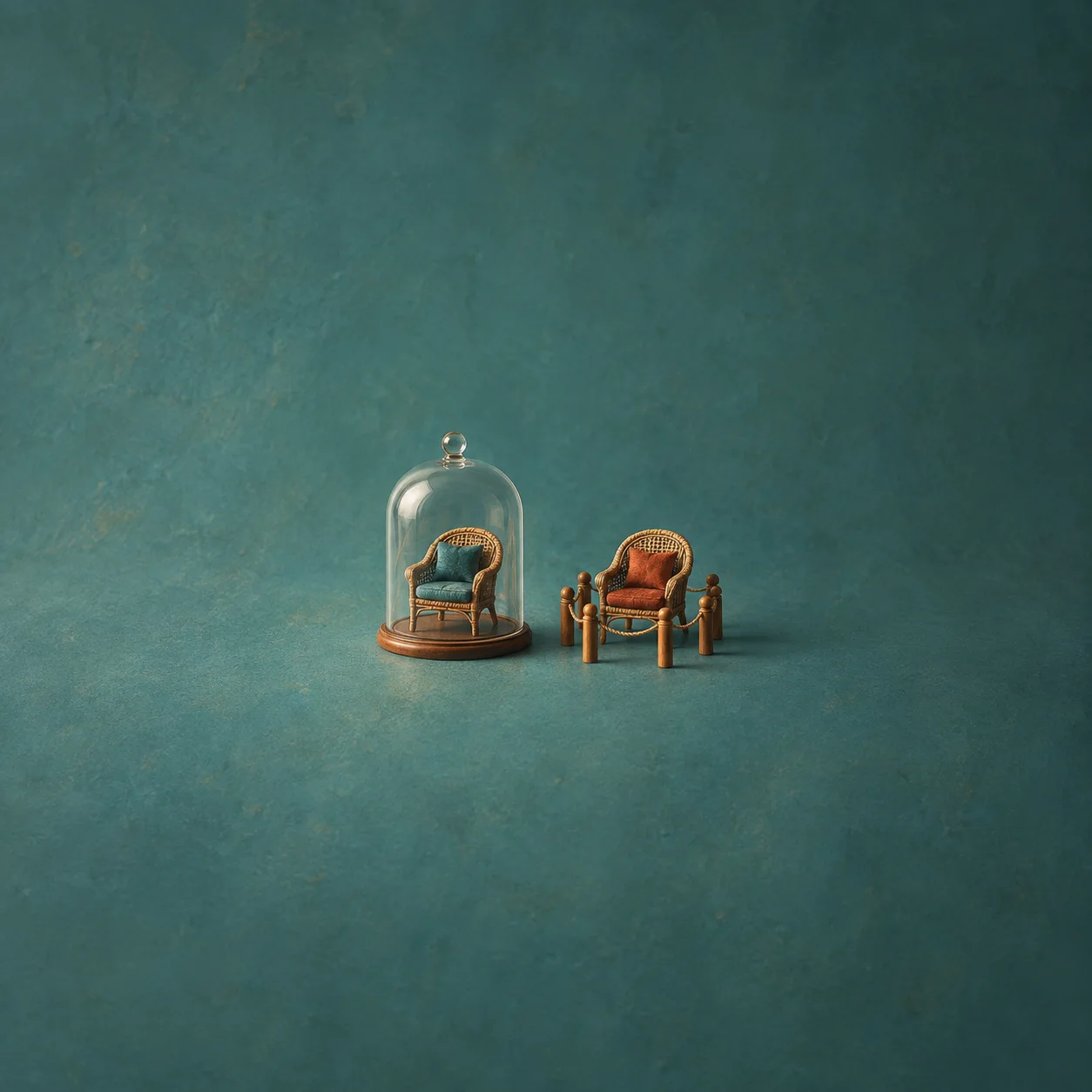 Two miniature cane chairs: one beneath a glass dome and the other surrounded by small wooden figures.